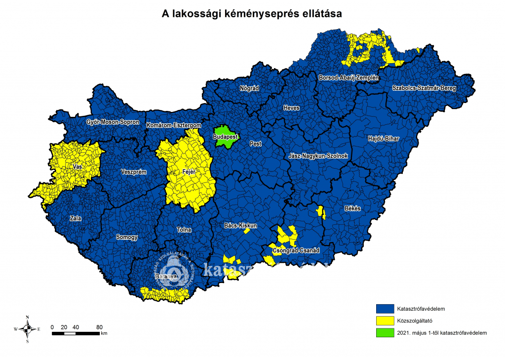 A lakossági kéményseprés ellátásának elrendezését bemutató országtérkép.